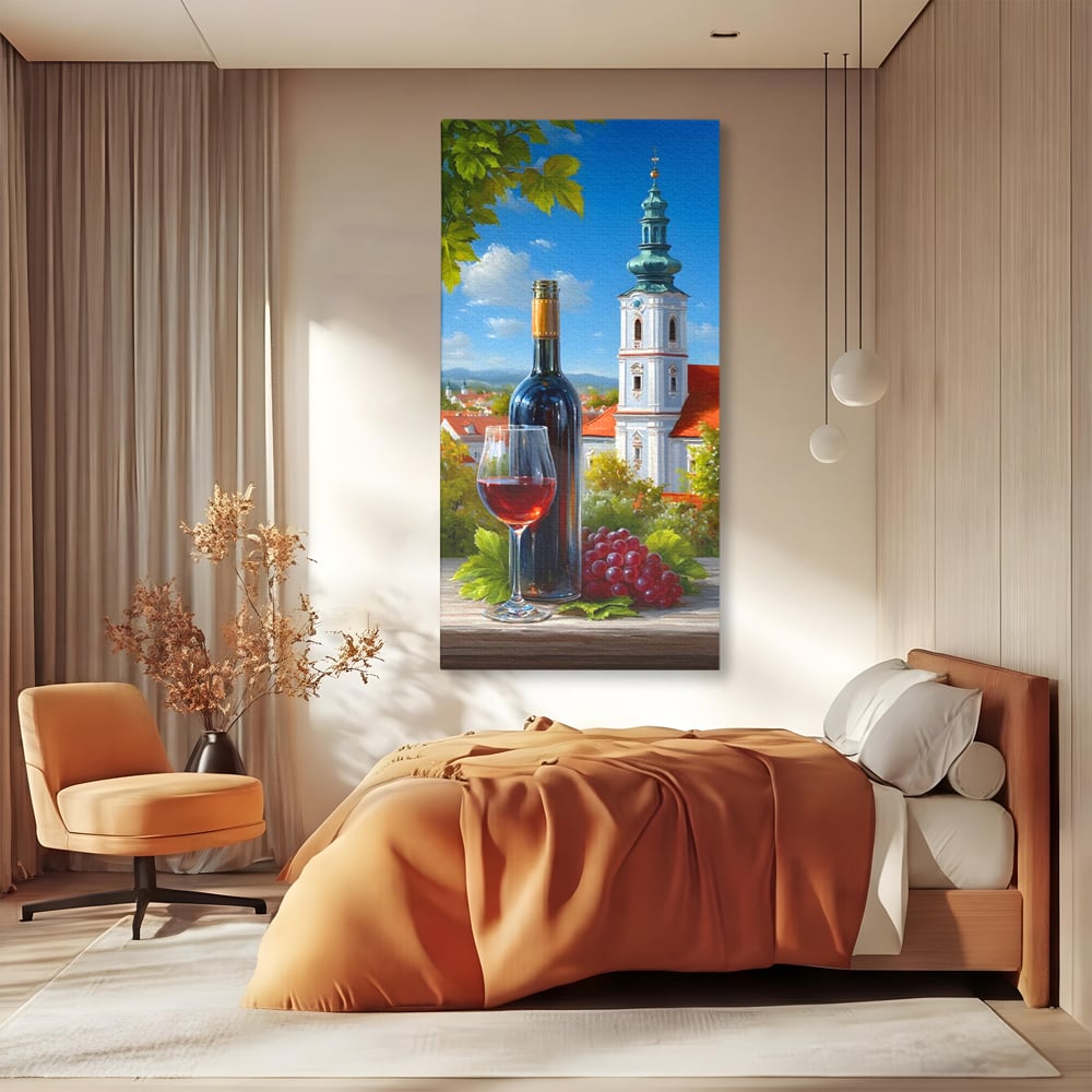 Tablou canvas cu pictura cu sticla de vin si manastire, fara rama, pe sasiu de lemn, pe perete intr-un dormitor